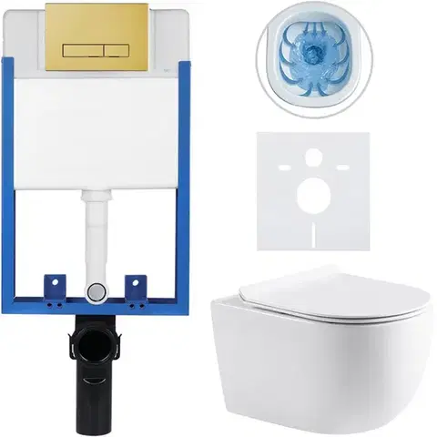 Záchody CERANO - Kompletný podomietkový WC set Lite/Felci - biela lesklá - WC tlačidlo Slim, zlatá - na zamurovanie - 52,5x36 CER-333328