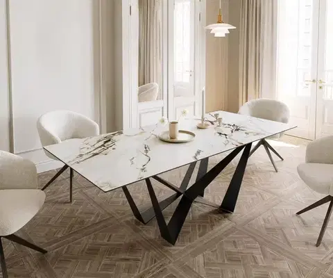 Jedálenské stoly DELIFE Jedálenský stôl Edge 180-220x100 keramika Calacatta Luxe bielo-zlato-šedá Spider plochá oceľ čierna rozkladací