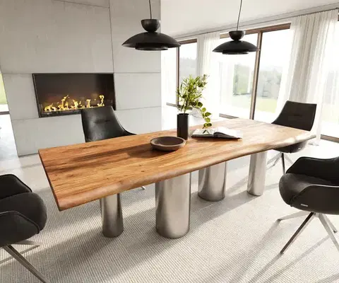 Jedálenské stoly DELIFE Jedálenský stôl Edge 240x100 akácia prírodná pilier nerezová oceľ kefovaný Live-Edge