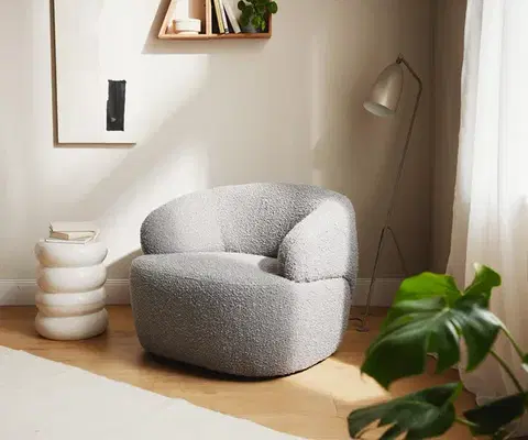 Lounge kreslá DELIFE Lounge kreslo Nova 88x88 cm bouclé strieborno sivá