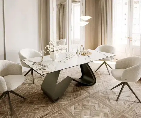 Jedálenské stoly DELIFE Jedálenský stôl Edge oválny 200x100 cm keramika Calacatta Luxe bielo-zlato-šedá podstava v tvare W kov efektová titánová farba