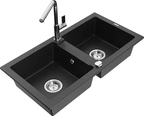 Kuchynské drezy MEXEN/S MEXEN/S - Mario granitový drez 2-bowl vrátane batérie Flora, čierna/strieborná metalík 6504-73-670401-00