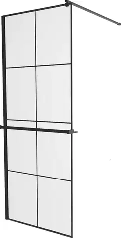 Sprchové dvere MEXEN/S - KIOTO Sprchová zástena WALK-IN s poličkou a držiakom uterákov 90 x 200, transparent/čierna 8 mm, čierna 800-090-121-70-77
