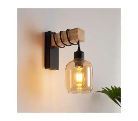 Svietidlá Brilagi - Nástenné svietidlo WOOD GLASS 1xE27/60W/230V borovica/čierna/dymová hnedá EG44078+NSTK7765