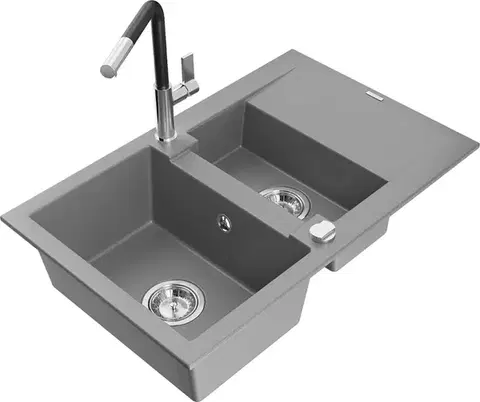 Kuchynské drezy MEXEN/S MEXEN/S - Gaspar granitový drez 1.5 s odkvapkávačom vrátane batérie Flora, šedá 6507-71-670401-07