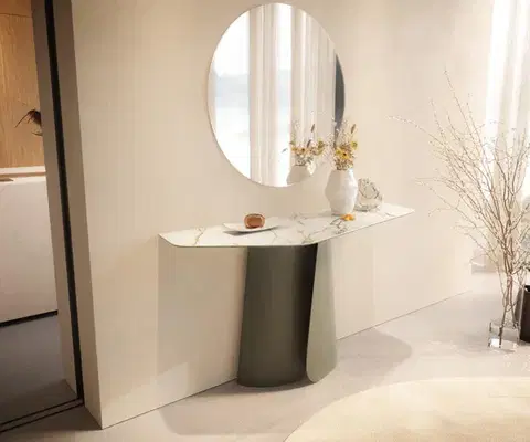 Konzolové stolíky DELIFE Konzolový stolík Edge polygonálny 140×50 cm keramika Calacatta Luxe bielo-zlato-šedá Livos kov titánová farba