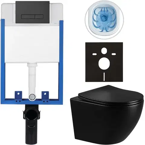 Záchody CERANO - Kompletný podomietkový WC set Profi/Cesso - čierna lesklá - WC tlačidlo Slim, čierne matné - na zamurovanie - 49x36 CER-8050BD46