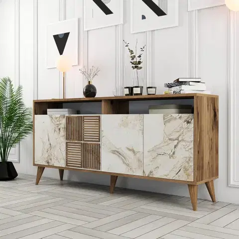 Komody Konzolový stolík Milan 160 - Walnut, White Marble