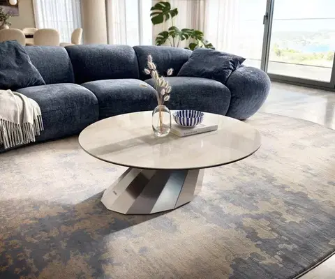Konferenčné stolíky DELIFE Konferenčný stolík Edge okrúhly 100×100 cm keramika onyx šampanské parabi nerezová oceľ kefovaná