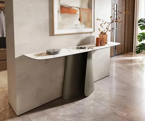 Konzolové stolíky DELIFE Konzolový stolík Edge zaoblený tvar 180×40 cm keramika Calacatta Luxe bielo-zlato-šedá Livos kov titánová farba