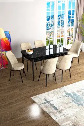 Jedálenské sety Extendable Dining Table & Chairs Set (7 Pieces) Han - Black Marble, Cream