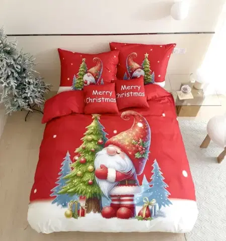 Obliečky 3 dielne Vianočné Flanelové obliečky 3D polycotton Červený Trpaslík 200x140cm+90x70cm TiaHome
