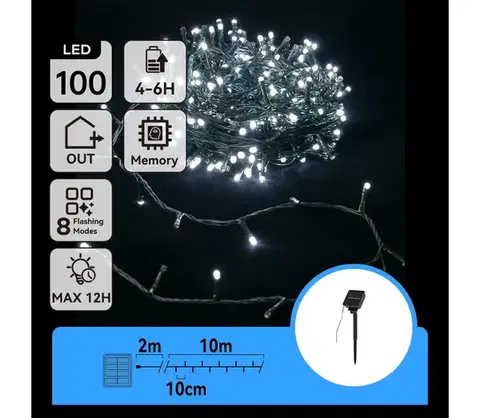 LED osvetlenie  B.V.  - LED solárny reťazec 100×LED/8 funkcií 12 m IP65 studená biela B10201K79