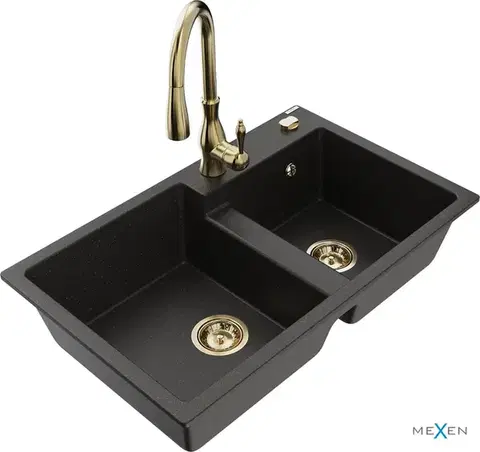 Kuchynské drezy MEXEN/S MEXEN/S - Tomas granitový drez 2-bowl vrátane batérie Savita, čierna/zlatá metalik 6516-75-672601-50
