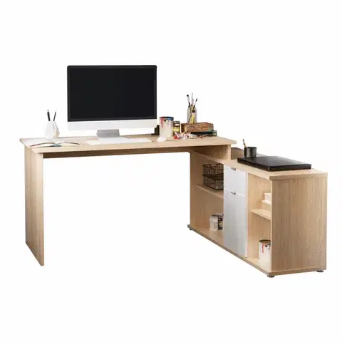 Písacie a pracovné stoly KONDELA Dalton 2 New L/P rohový pc stolík dub sonoma / biela
