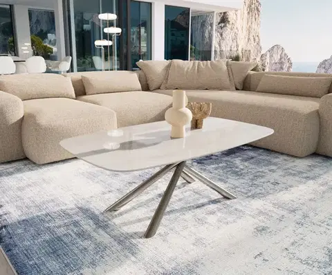 Konferenčné stolíky DELIFE Konferenčný stolík Edge zaoblený tvar 120×70 cm keramika onyx šampanské Sarity nerezová oceľ kefovaná