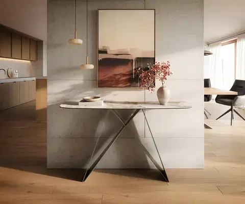 Konzolové stolíky DELIFE Konzolový stolík Edge zaoblený 140×40 cm keramika Minas Melange bielo-béžová Velio kov titánová farba