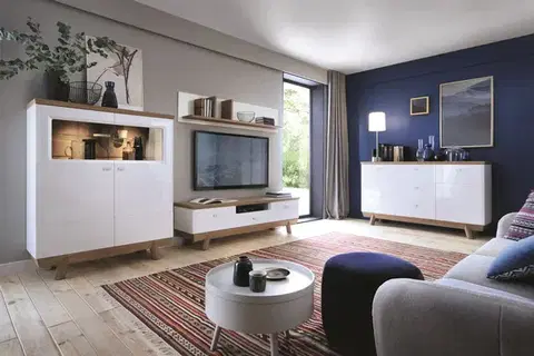 Obývacie steny TARANKO Aspen obývacia izba s osvetlením biely vysoký lesk / dub (Grande 01)