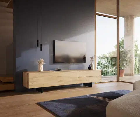 Televízne stolíky DELIFE TV stolík Cuor 220 cm keramika Laminam® sabbia v dubovej farbe 1 výklopné dvierka 2 zásuvky podstava závesná kov čierna