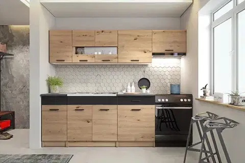 Kuchynské linky HALMAR Alina 240 kuchyňa dub artisan / čierna / sivá