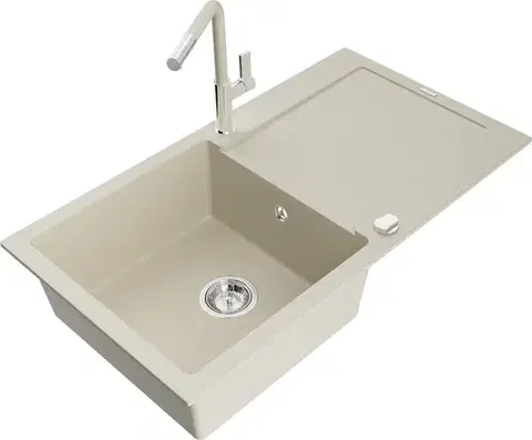 Kuchynské drezy MEXEN/S MEXEN/S - Leo granitový drez 1 s odkvapkávačom vrátane batérie Flora, béžováy 6501-69-670401-09