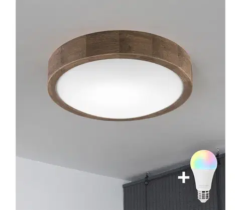 Svietidlá BRILAGI – LED RGBW stmievateľné stropné svietidlo CARVALHO SLIM 1×E27/12W/230V Wi‑Fi v dekore dub, priemer 27 cm BG0854+AI0819