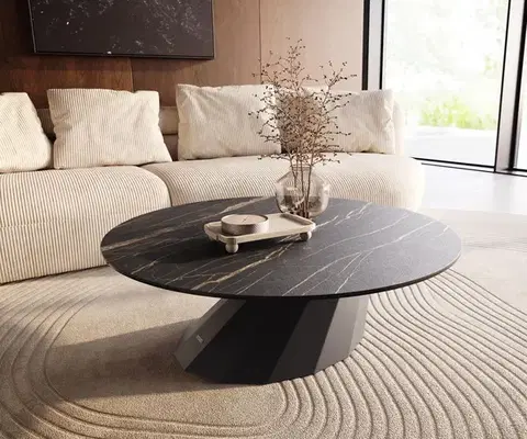Konferenčné stolíky DELIFE Konferenčný stolík Edge okrúhly 100x100 cm keramika Laminam® Noir Desir hnedá Parabi kov čierna