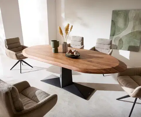 Jedálenské stoly DELIFE Jedálenský stôl Aithon 240×105 cm akácia hnedá kovová podstava čierna oválny