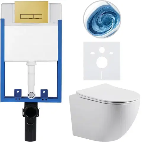 Záchody CERANO - Kompletný podomietkový WC set Lite/Cesso - biela matná - WC tlačidlo Slim, zlatá - na zamurovanie - 49x36 CER-783968