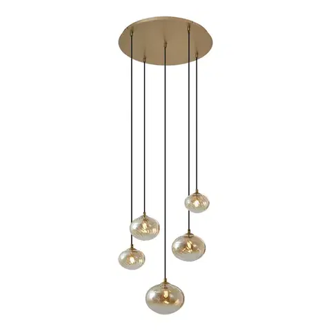 Závesné svietidlá Závesná lampa Art Deco zlatá s jantárovým sklom - Jia