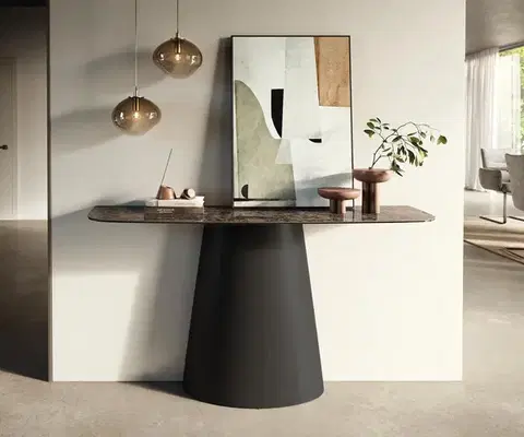 Konzolové stolíky DELIFE Konzolový stolík Edge zaoblený 140×40 cm keramika Emperador extra leštená tmavohnedá kužeľová kov čierna