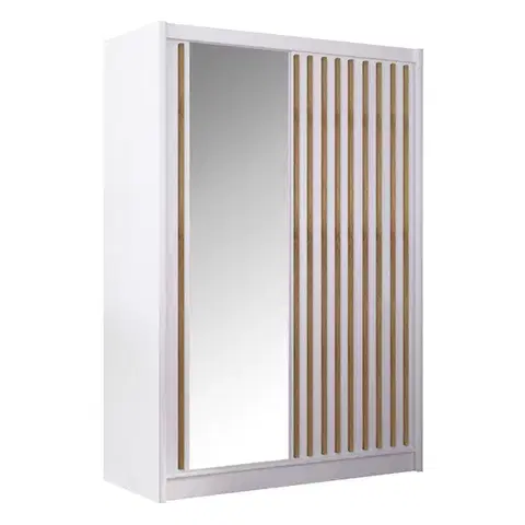 Šatníkové skrine KONDELA Ladder 150 šatníková skriňa s posuvnými dverami biela / dub craft