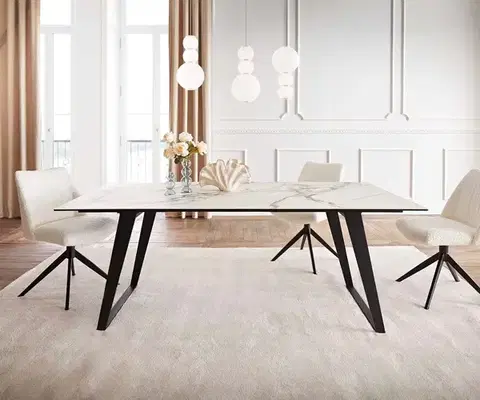 Jedálenské stoly DELIFE Jedálenský stôl Edge 200x100 keramika Calacatta Luxe bielo-zlato-šedá kov šikmý čierna