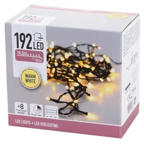 Vianočné osvetlenie Kinekus Svetlo vianočné 192 LED teplé biele, 14,5 m, s časovačom, s funkciami, batérie, vonkajšie/vnútorné