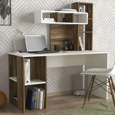 Písacie stoly LORA dizajnový písací stôl, biela/orech