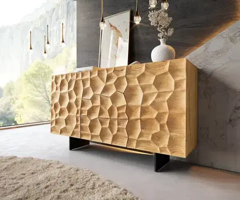 Komody DELIFE Komoda Solu 145 cm dub prírodná 2 dvierka 3 zásuvky závesná kov čierna 3D čelá