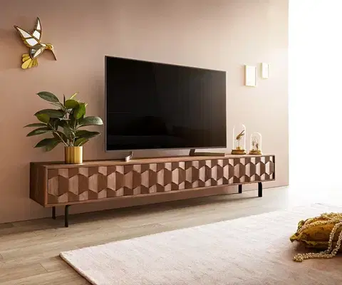 Televízne stolíky DELIFE TV stolík Fevo 220 cm akácia hnedá 4 dvierka podstava v tvare L