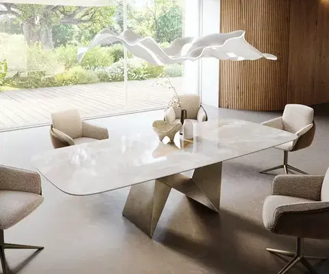 Jedálenské stoly DELIFE Jedálenský stôl Edge zaoblený 270×120 cm keramika Iris FMG Onice Grigio Origami metalická zlatá