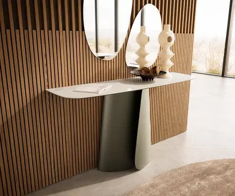 Konzolové stolíky DELIFE Konzolový stolík Edge zaoblený 140×40 cm keramika onyx šampanské Livos kov titánová farba