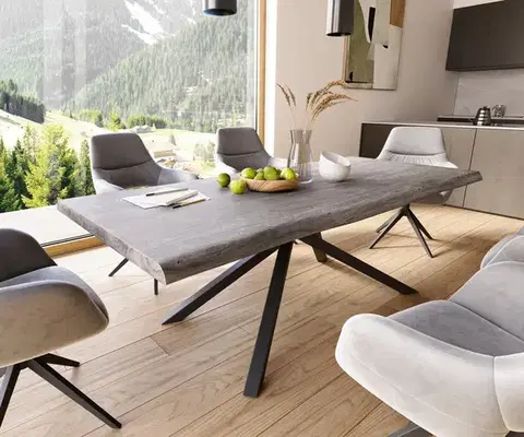 Jedálenské stoly DELIFE Jedálenský stôl Edge 220x100 XL akácia platinová krížová podstava obdĺžnik čierna Live-Edge