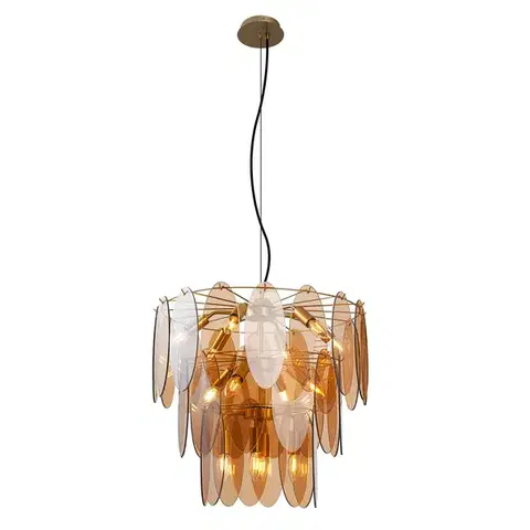 Závesné svietidlá Závesná lampa Art Deco zlatá s jantárovým sklom oválna 14-svetiel - Mochan