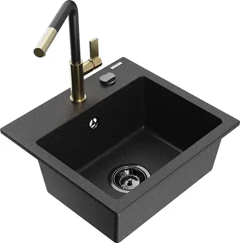 Kuchynské drezy MEXEN/S MEXEN/S - Milo granitový drez 1-miska vrátane batérie Flora, čierna/strieborná metalík 6505-73-670401-57-B