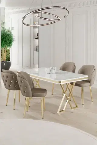 Jedálenské sety Dining Table & Chairs Set (5 Pieces) Rigel - White, Gold, Cappuccino