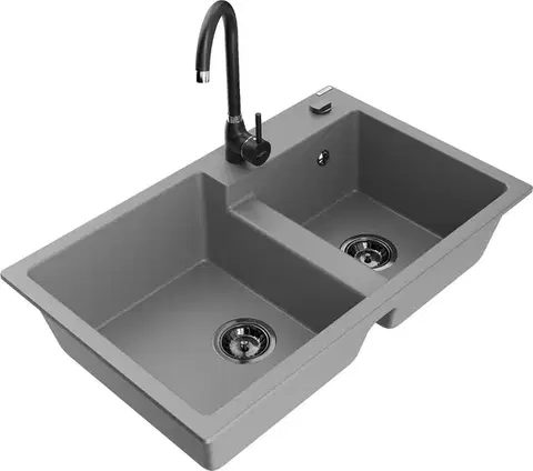 Kuchynské drezy MEXEN/S MEXEN/S - Tomas granitový drez 2-bowl vrátane batérie Telma, šedá 6516-71-670200-70-B