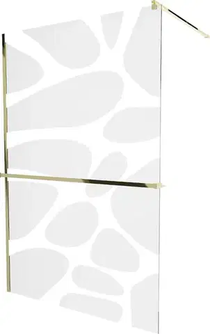 Sprchové dvere MEXEN/S - KIOTO Sprchová zástena WALK-IN s poličkou a držiakom uterákov 70 x 200, transparent/bialy vzór 8 mm, zlatá 800-070-121-50-97
