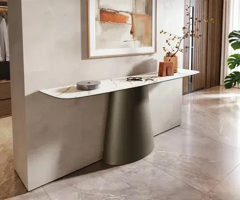 Konzolové stolíky DELIFE Konzolový stolík Edge zaoblený tvar 180×40 cm keramika Calacatta Luxe bielo-zlato-šedá Conos kov titánová farba