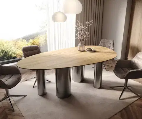 Jedálenské stoly DELIFE Jedálenský stôl Edge oválny 220x120 keramika Laminam® sabbia dubová farba pilier nerezová oceľ grafitová