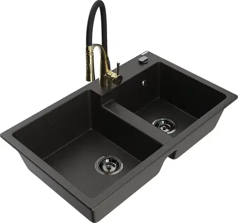 Kuchynské drezy MEXEN/S MEXEN/S - Tomas granitový drez 2-bowl vrátane batérie Aster, čierna/zlatá metalik 6516-75-73450-57-B