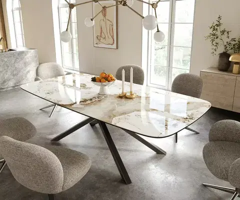 Jedálenské stoly DELIFE Jedálenský stôl Edge zaoblený 240×120 cm keramika Minas Melange bielo-béžová krížová podstava hranatý nerezová oceľ grafitová
