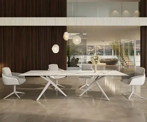 Jedálenské stoly DELIFE Jedálenský stôl Edge 300x100 keramika Calacatta Luxe bielo-zlato-šedá Estelar okrúhly kov biela